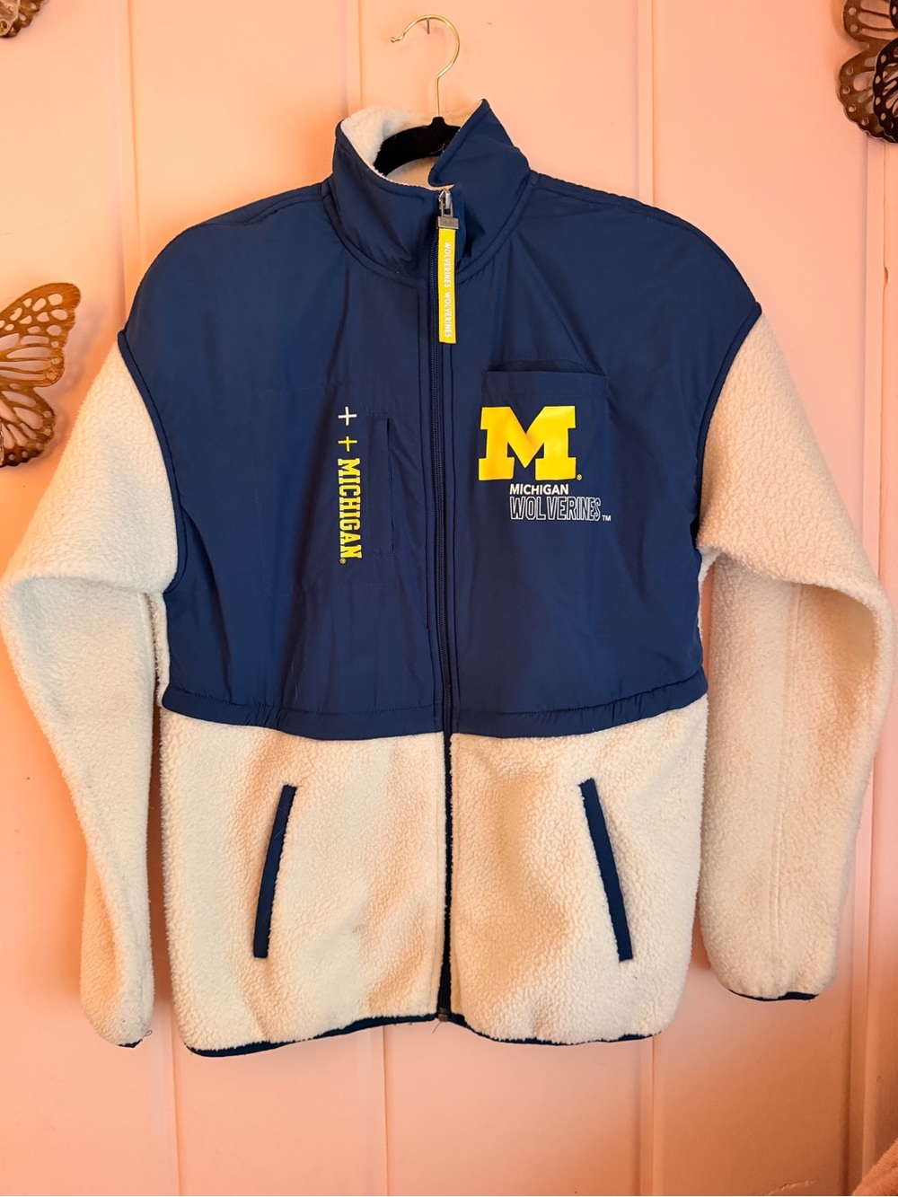 Wolverine Navy and Cream Michigan Sherpa Full-Zip Jacket SzS